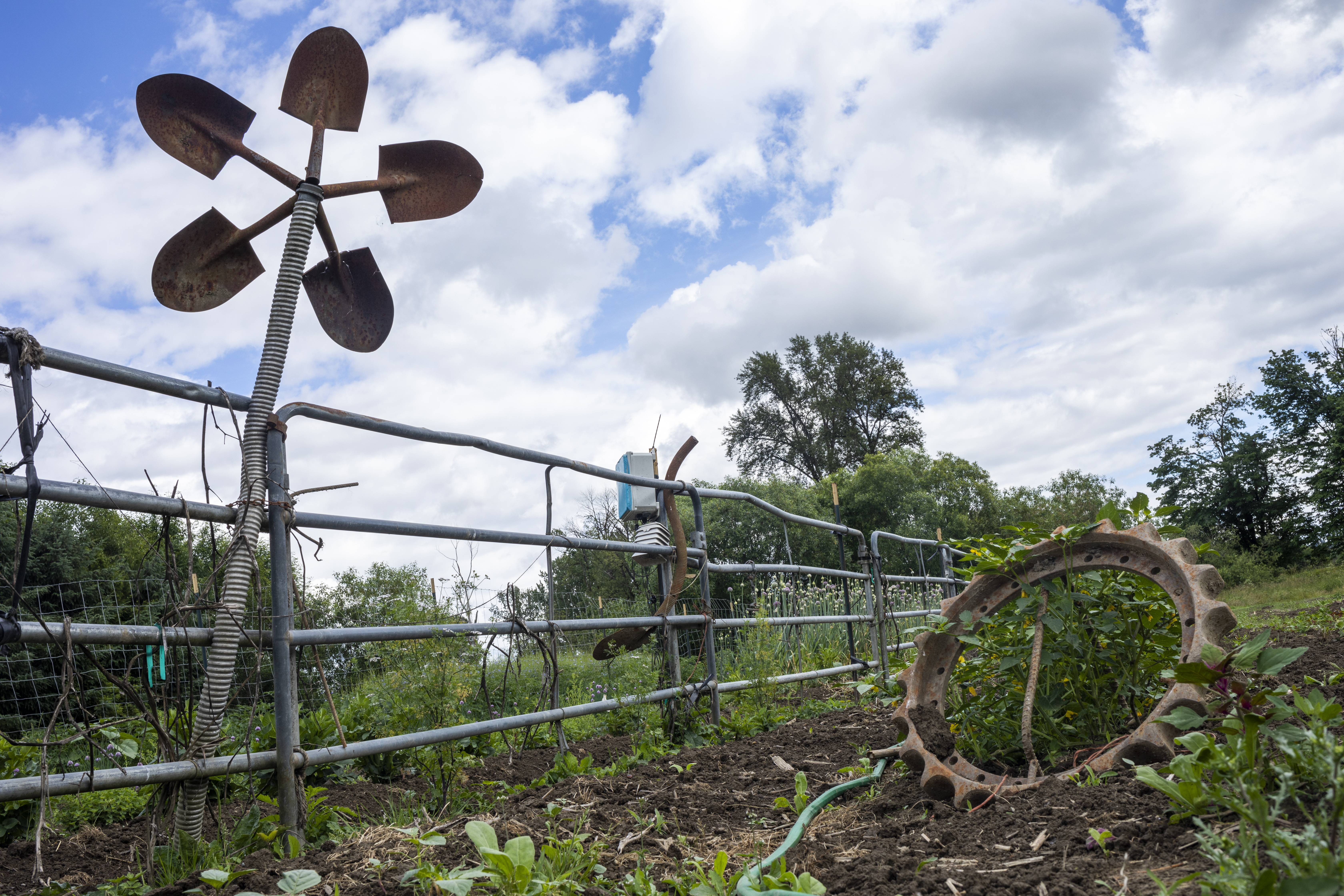 Repurposed farm equipment decorates the SnoValley Tilth Farm in Carnation, WA