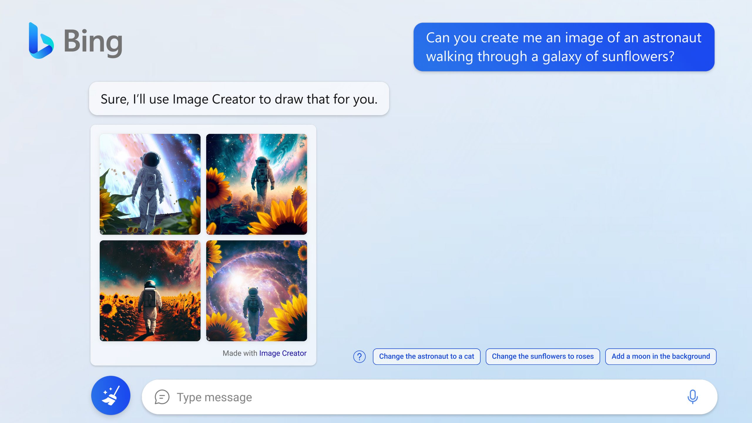 Image of user asking Bing to create picture of astronaut