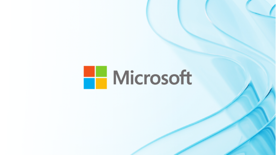 The Microsoft logo and name against a background with artistic curved lines on the right side.