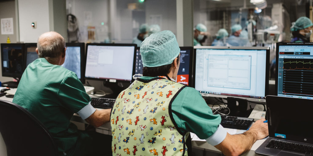 Image: Hospital workers work on computers