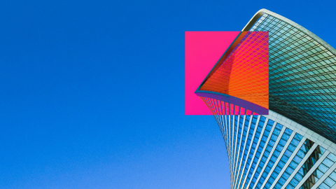 Abstract image with a blue background, orange and pink square and metal structure