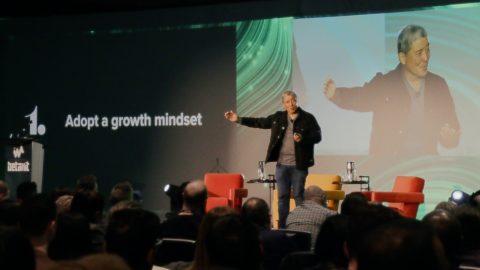 Guy Kawasaki on stage delivering his keynote speech at the 2024 Innovate West Conference in Vancouver.