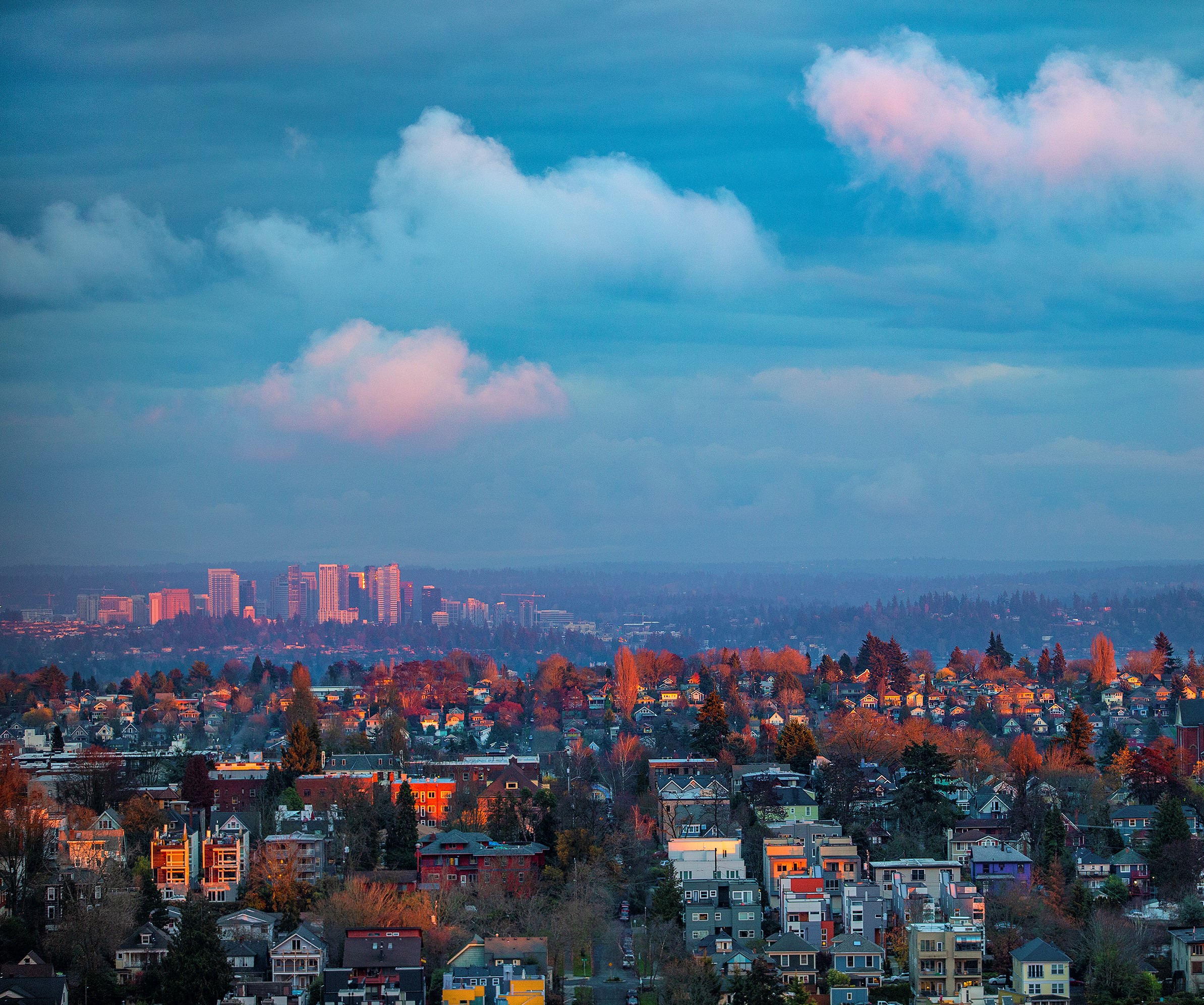 Sunrise over suburbs of Seattle, WA