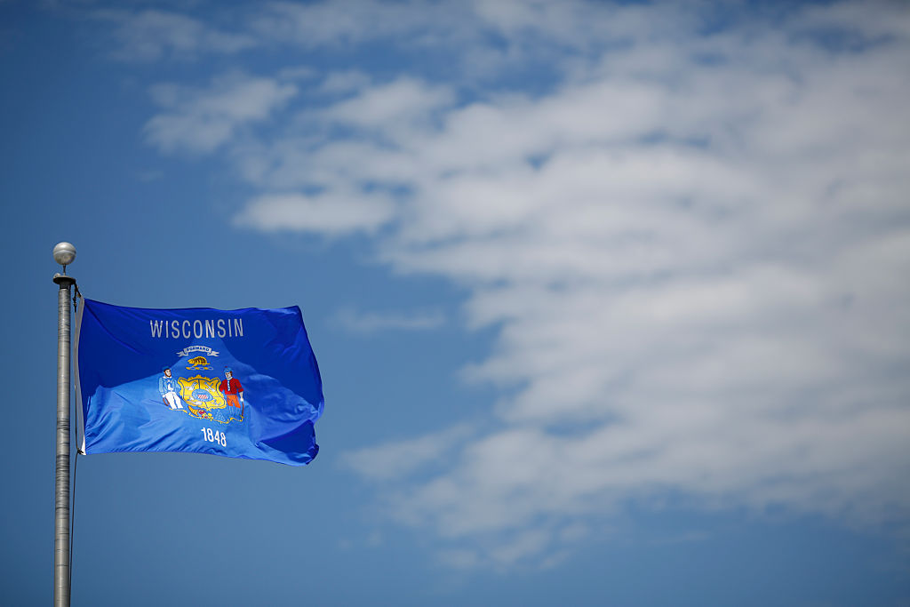 Wisconsin state flag flapping in the wind