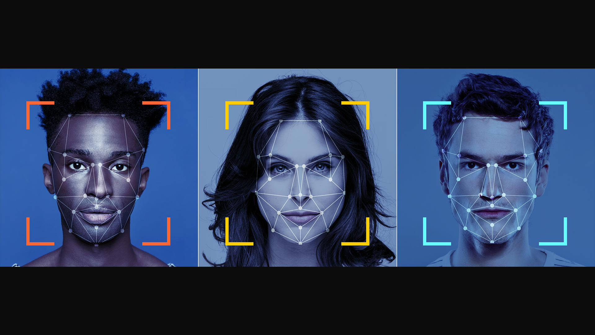 Three faces being identified with technology