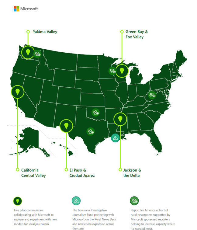 a map of the US pinpointing various journalism initiatives