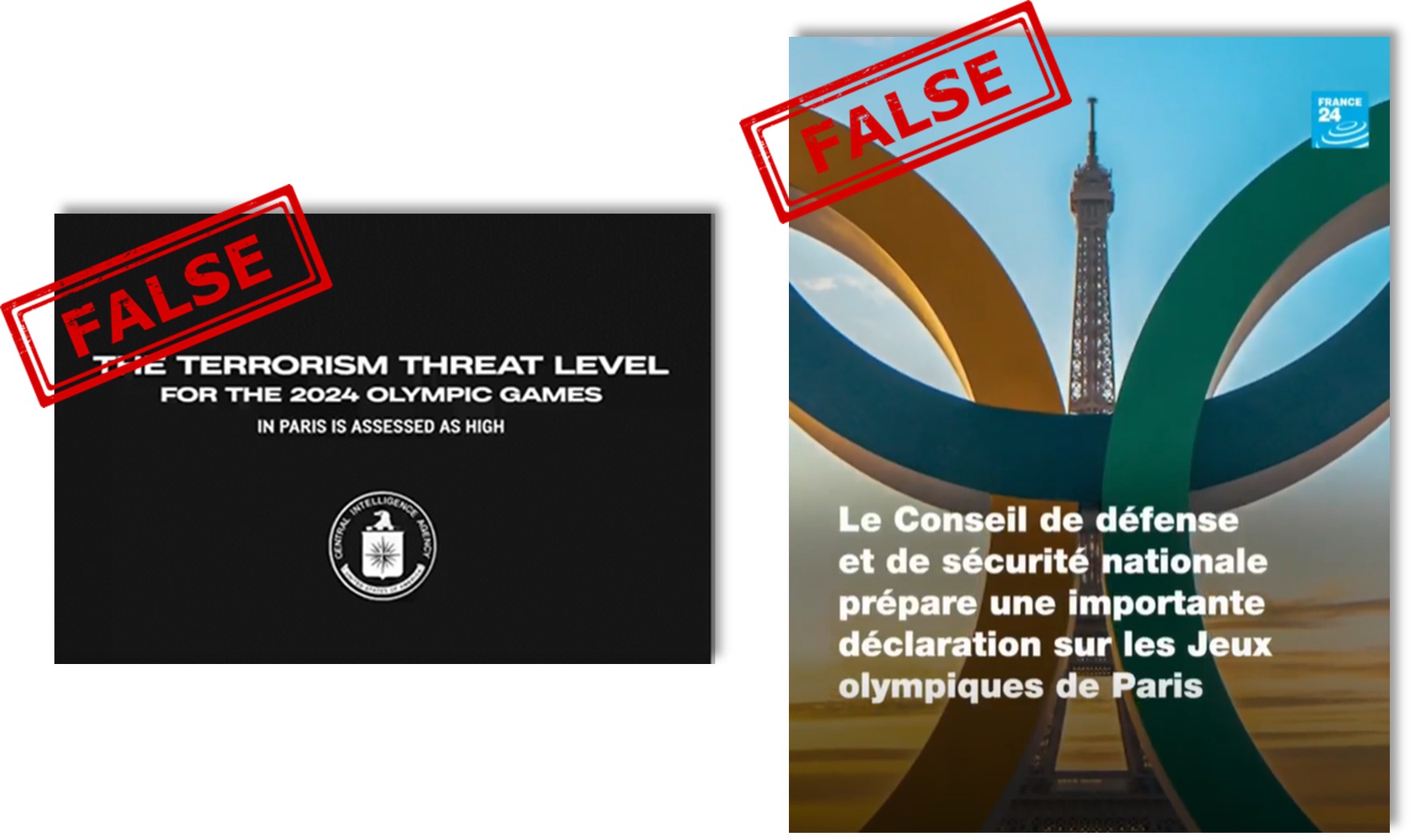 A faked video press release warning the public of possible terror attacks at the 2024 Paris Summer Olympics (left). A fabricated France 24 news clip claiming that nearly a quarter of Paris 2024 tickets have been returned due to concerns over terrorism (right). Both forgeries were produced by Russia-affiliated actor Storm-1679.