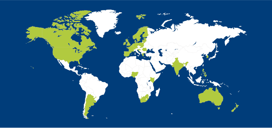 A world map displays countries highlighted in green against a blue background, indicating specific regions. Highlighted countries include the USA, Canada, Brazil, UK, France, Germany, India, China, Japan, and Australia.