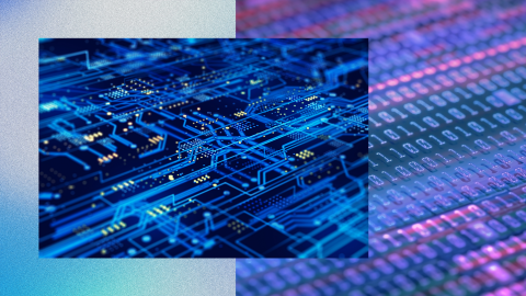 The image features a digital collage with two main elements. The first is a close-up of a blue circuit board with intricate pathways and patterns, resembling a technological or electronic theme. The second element shows a background of binary code, with sequences of ones and zeros in a purple and red gradient. These elements are overlaid against a textured backdrop in shades of blue and gray, suggesting a high-tech or digital concept.