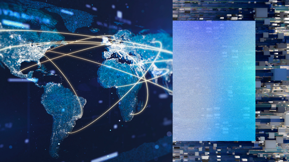 a digital representation of the world map on the left side, with bright lines connecting various points across different continents, indicating global communication or data transfer. The right side of the image features a gradient blue and purple background with pixelated patterns along the edges, suggesting a digital or technological theme.